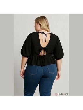 ASOS Design Black Scuba Peplum Dropped Waist with Puffed Sleeves Blouse Top